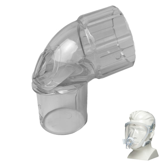 Stock photo of Philips Respironics FitLife full face CPAP mask elbow and swivel
