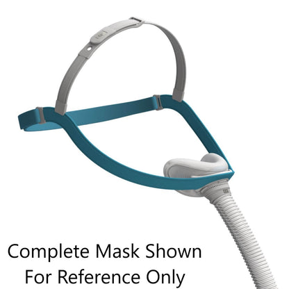 Nasal CPAP mask with blue headgear and white hose on a white background