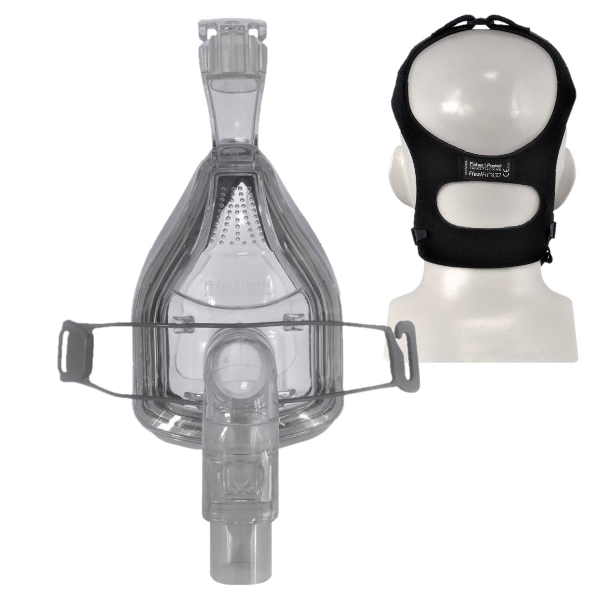 Stock photo of Fisher & Paykel 432 full face CPAP mask with optional headgear