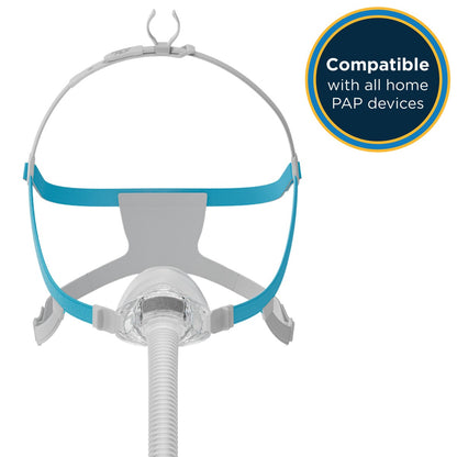 CPAP mask with blue straps on a white background, labeled 'Compatible with all home PAP devices'.