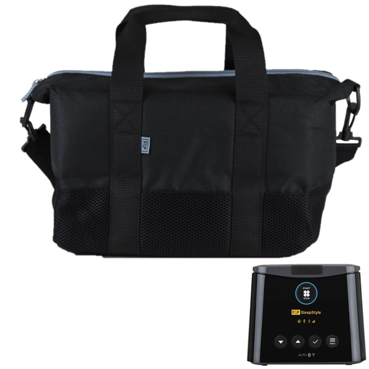 Black travel bag with a CPAP on a white background