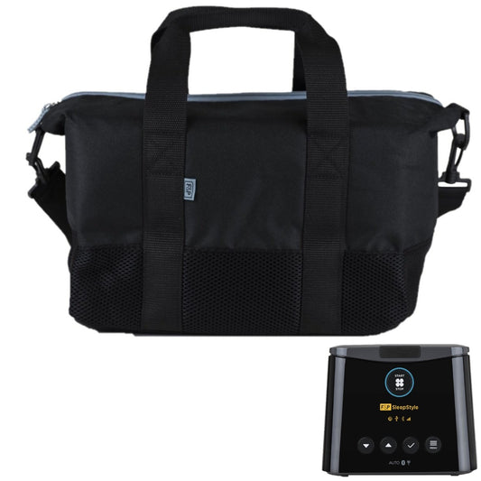 Black travel bag with a CPAP on a white background