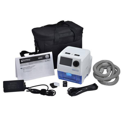 Stock photo of Drive DeVilbiss Medical IntelliPAP 2 Auto CPAP Machine, machine bag, tubing, power cord, filters, and SD card