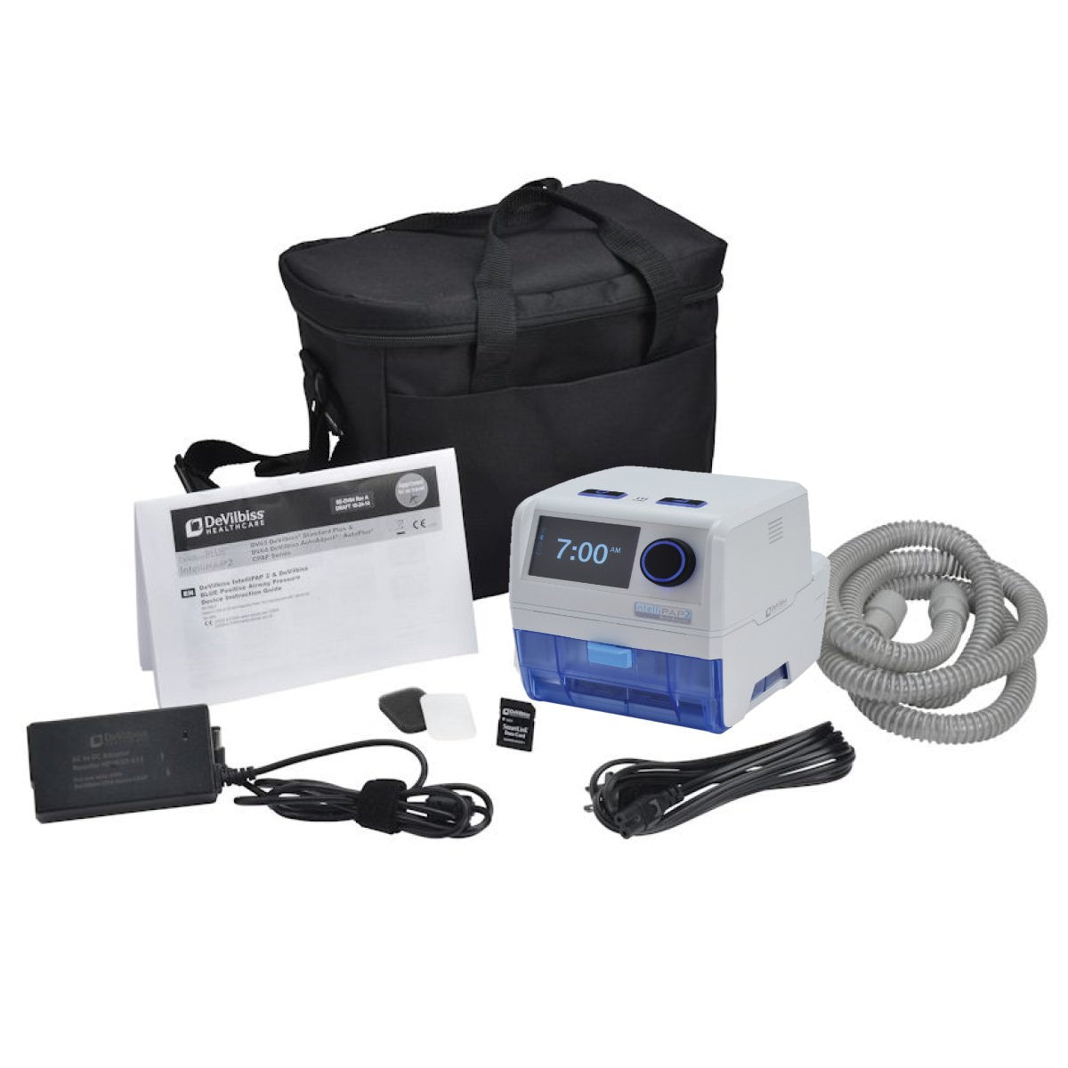 Stock photo of Drive DeVilbiss Medical IntelliPAP 2 AutoAdjust with Heated Humidifier, tubing, power cord, SD card, machine bag, and filters