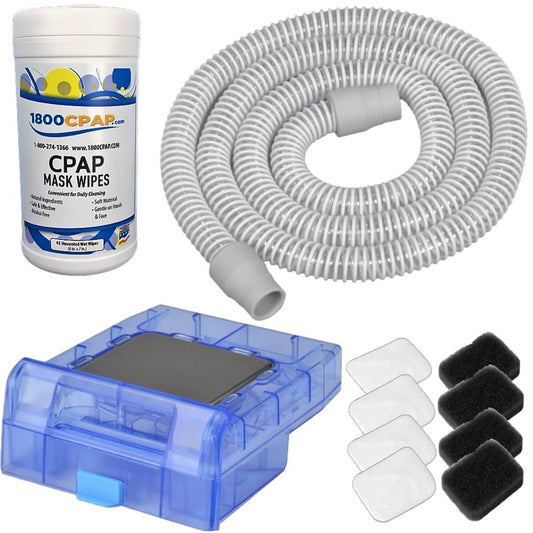 Stock photo of Drive DeVilbiss Medical IntelliPAP 2 CPAP Bundle Kit, including wipes, tubing, water chamber, and filters