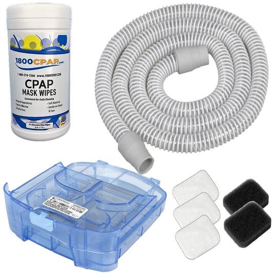 Stock photo of Drive DeVilbiss Healthcare IntelliPAP CPAP Supply Bundle Kit including CPAP mask wipes, tubing, water chamber, and filters