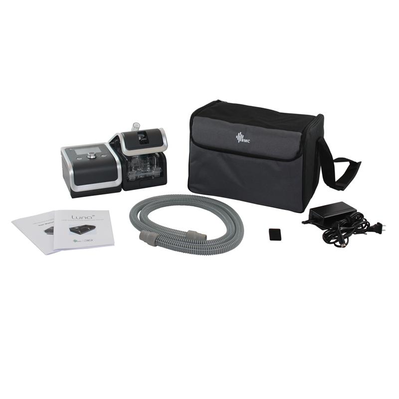 Stock photo of React Health Luna Auto CPAP Machine with Integrated h60 Heated Humidifier, Tubing, Power cords, machine bag, and filters