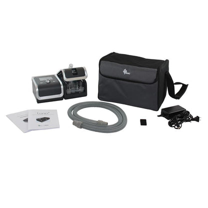 Stock photo of React Health Luna Auto CPAP Machine with Integrated h60 Heated Humidifier, Tubing, Power cords, machine bag, and filters