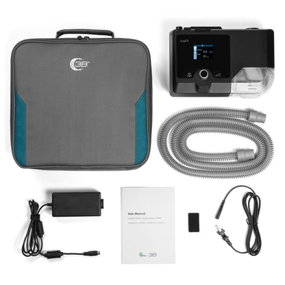 Stock photo of React Health Luna II Auto CPAP machine, machine bag, tubing, power block and cord, and filter