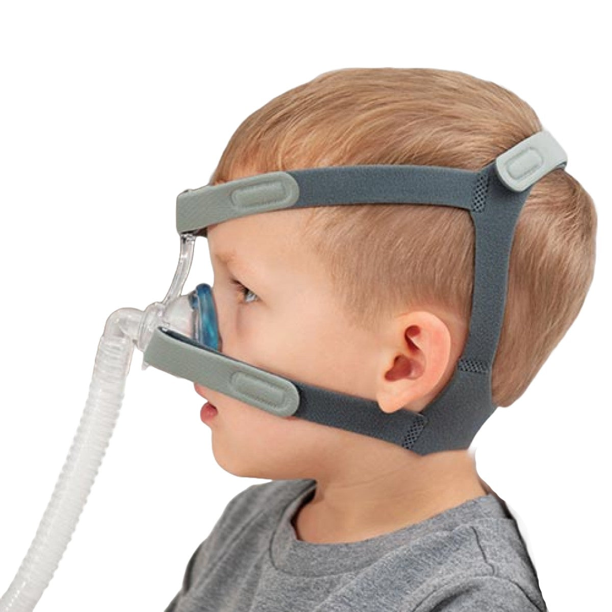 Stock photo of kid wearing SleepNet MiniMe 2 AirGel Pediatric nasal CPAP mask with headgear