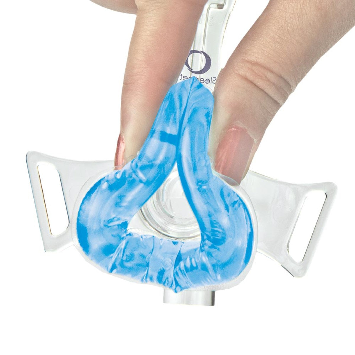 Stock photo of hand holding SleepNet MiniMi 2 AirGel Pediatric nasal CPAP mask without headgear