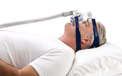 Stock photo of man using ResMed Mirage SoftGel nasal CPAP mask with headgear