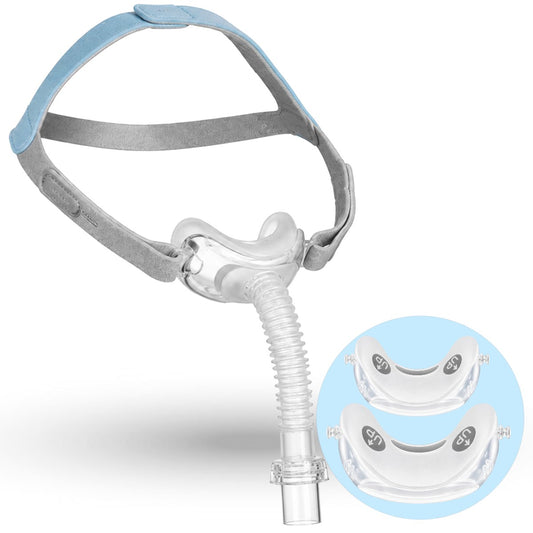 A sleep apnea or CPAP breathing device with a clear mouthpiece tube, gray headband, and light blue cushion, shown on a white background with a circular inset showing two clear mouthpiece pads.