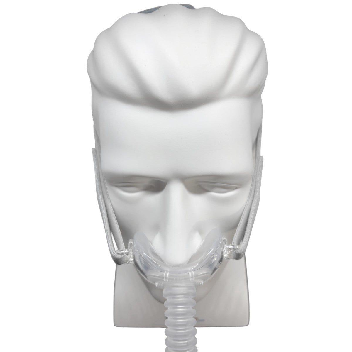 A clear nasal mask with an attached clear corrugated breathing tube, displayed on a white mannequin head against a white background.