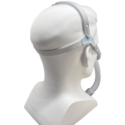 A sleep apnea mask with a light gray headband and tube, shown on a white mannequin head from a side-back angle against a white background.