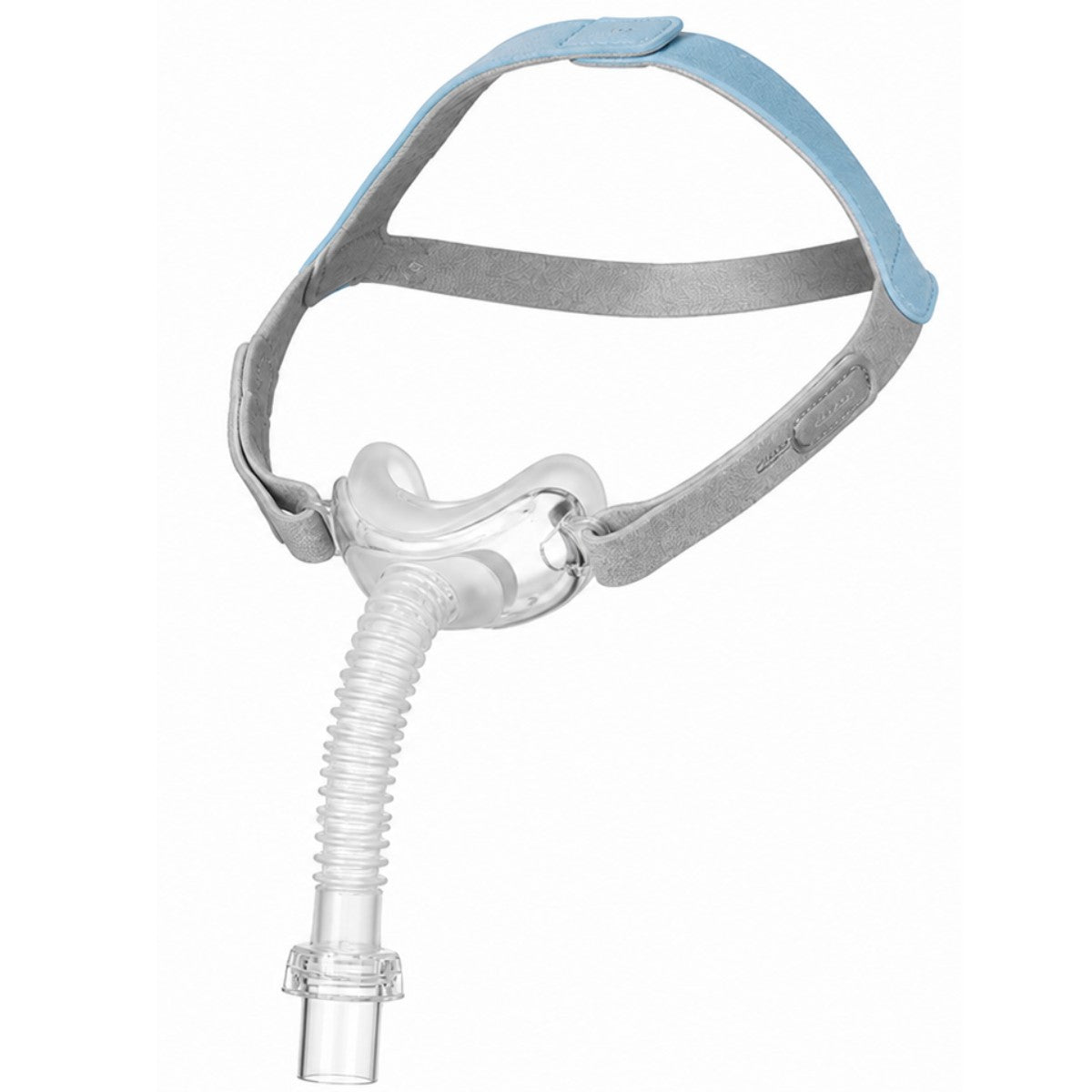 Nefes CPAP mask with a clear nosepiece and transparent corrugated breathing tube, attached to a light blue and gray headband on a white background.