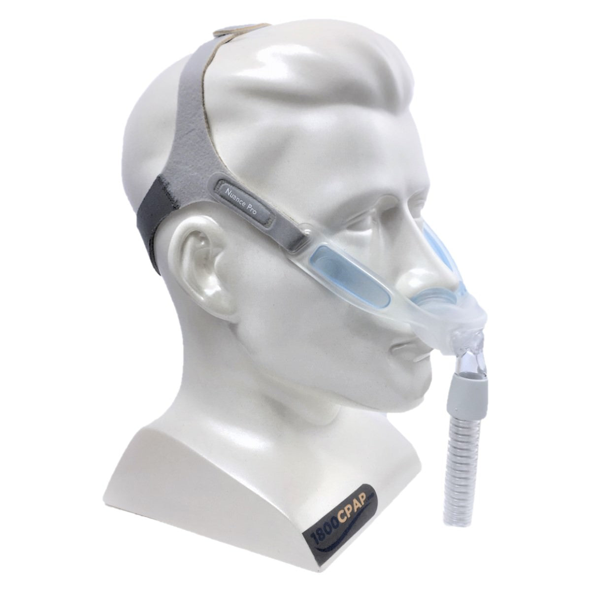 Stock photo of Philips Respironics Nuance and Nuance Pro nasal pillow CPAP mask with headgear