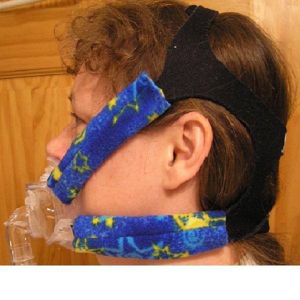 Photo of woman wearing Pad A Cheek full face CPAP mask cheek strap cover for Mirage Hybrid, Liberty and FullLife