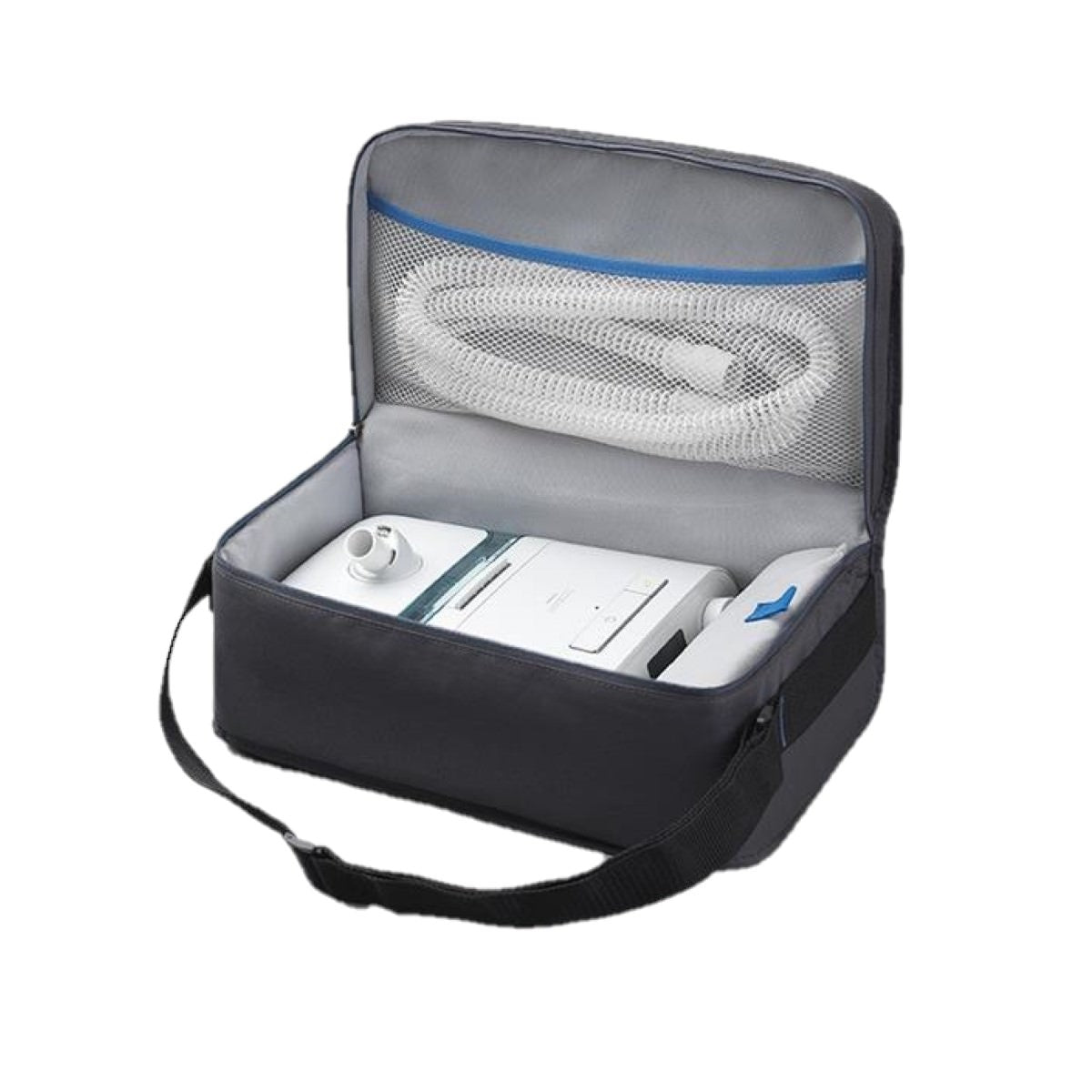 Stock photo of Philips Respironics DreamStation BiPAP AVAPS machine, filters, and humidifier in machine bag