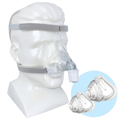 CPAP mask on a mannequin head with an inset showing a close-up of the mask components.