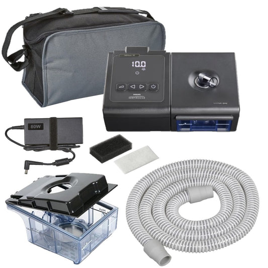Stock photo of Philips Respironics Certified Refurbished System One Auto CPAP machine with humidifier, tubing, water chamber, machine bag, power cord, and filters