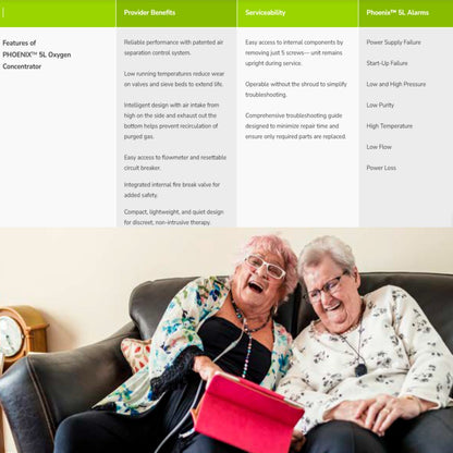 Two elderly women sitting on a couch with a tablet, with a green banner at the top displaying text.