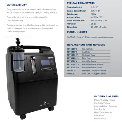 Oxygen concentrator with technical specifications on a white background