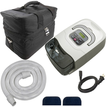 Stock photo of 3b Medical RESmart CPAP machine with humidifier, carrying case, tubing, power cord, and filters