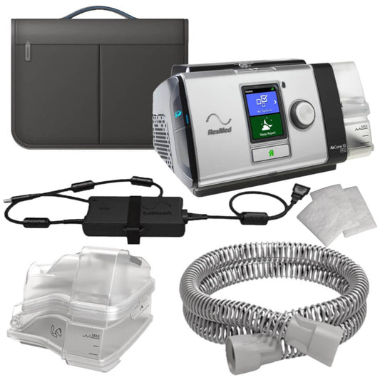 Stock photo of ResMed AirCurve 10 ST A Bi-Level machine with humidifier, tubing, machine bag, power cord, water chamber, and filters