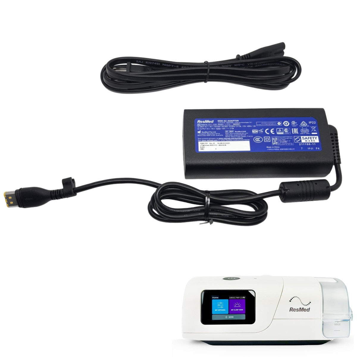 ResMed CPAP machine with power adapter and USB cable on a white background