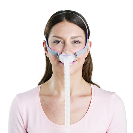 Stock photo of woman wearing ResMed AirFit P10 for her nasal pillow CPAP mask with headgear