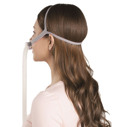 Stock photo of woman wearing ResMed AirFit P10 for her nasal pillow CPAP mask with headgear