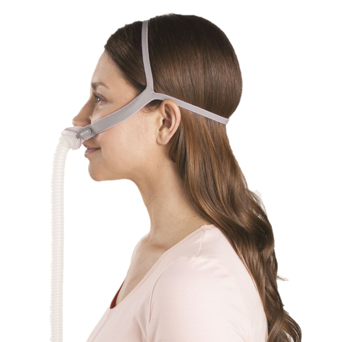 Side View of ResMed AirFit P10 for Her Nasal Pillow CPAP Mask W/ Headgear 