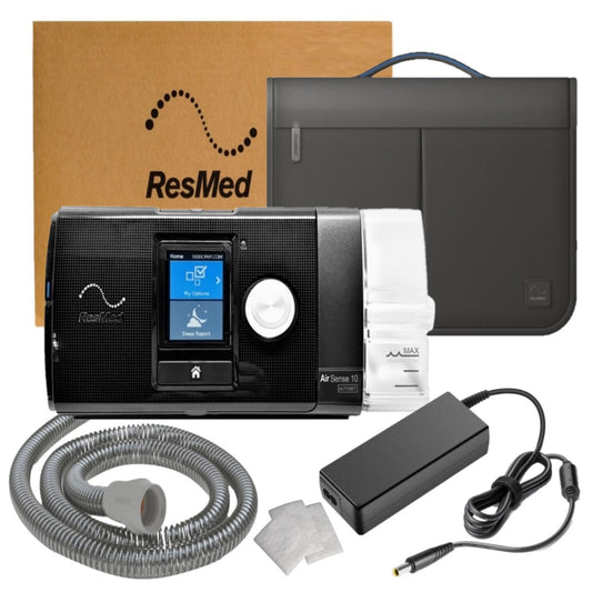 Stock photo of ResMed AirSense 10 Auto Open Box CPAP machine, machine bag, tubing, filters, and power block and cord