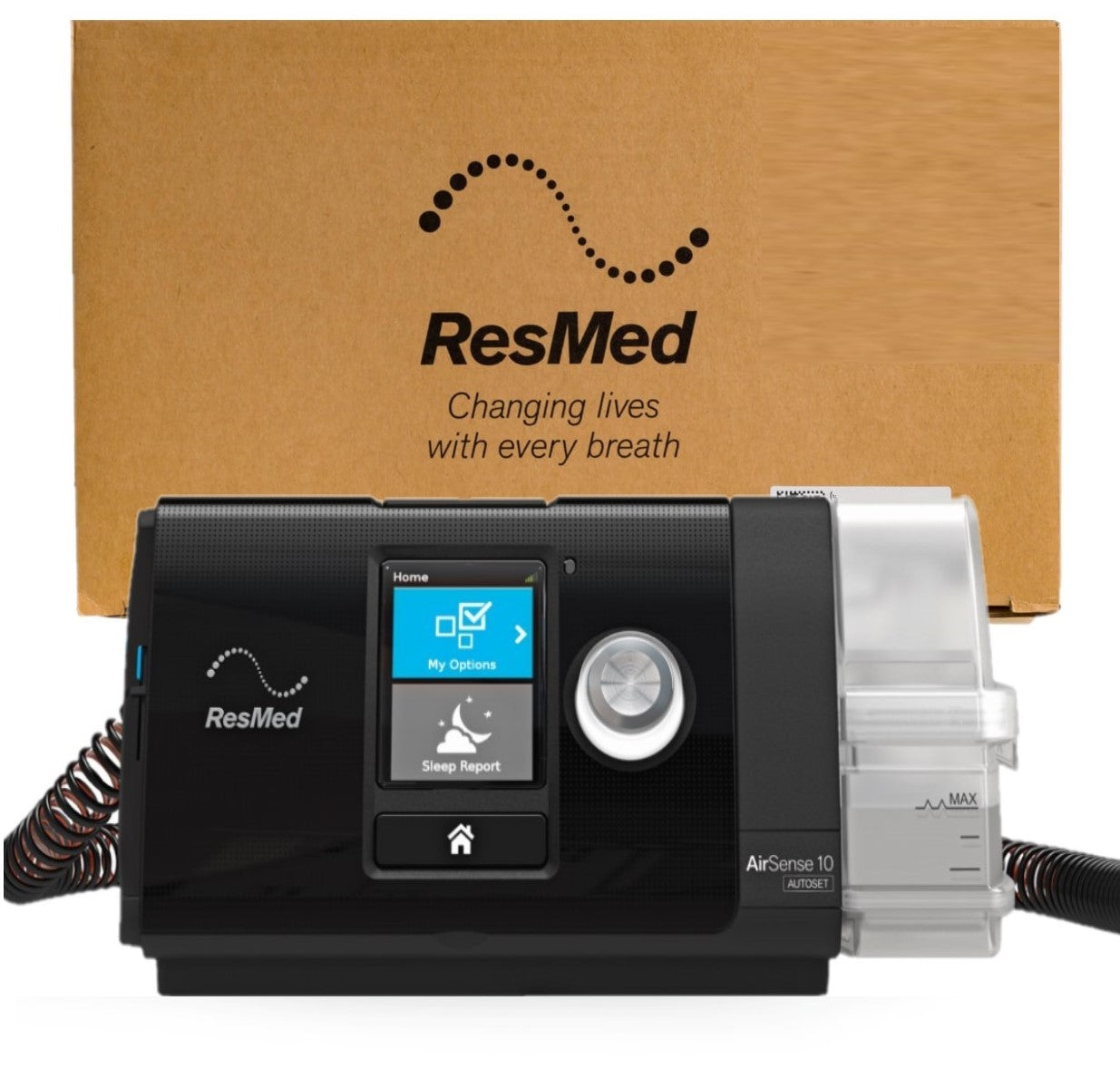 Stock photo of ResMed AirSense 10 Auto Open Box CPAP machine in front of box