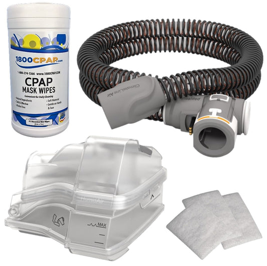Stock photo of ResMed AirSense 10 Series Replacement CPAP supply kit, including wipes, tubing, water chamber, and 3 pack of filters