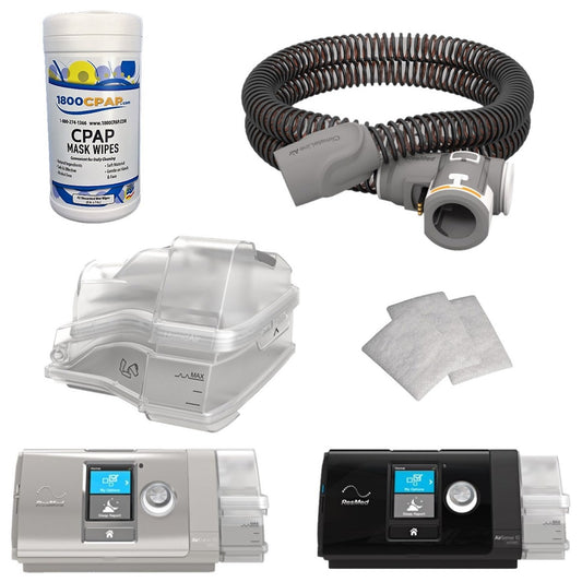 Stock photo of ResMed AirSense 10 Series replacement CPAP supply kit, including wipes, tubing, water chamber, and filters