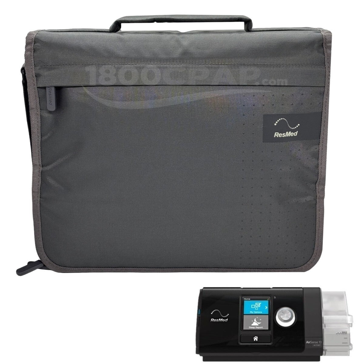 Gray carrying case with ResMed logo and a black CPAP machine on a white background