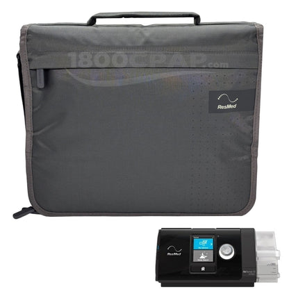Gray carrying case with ResMed logo and a black CPAP machine on a white background