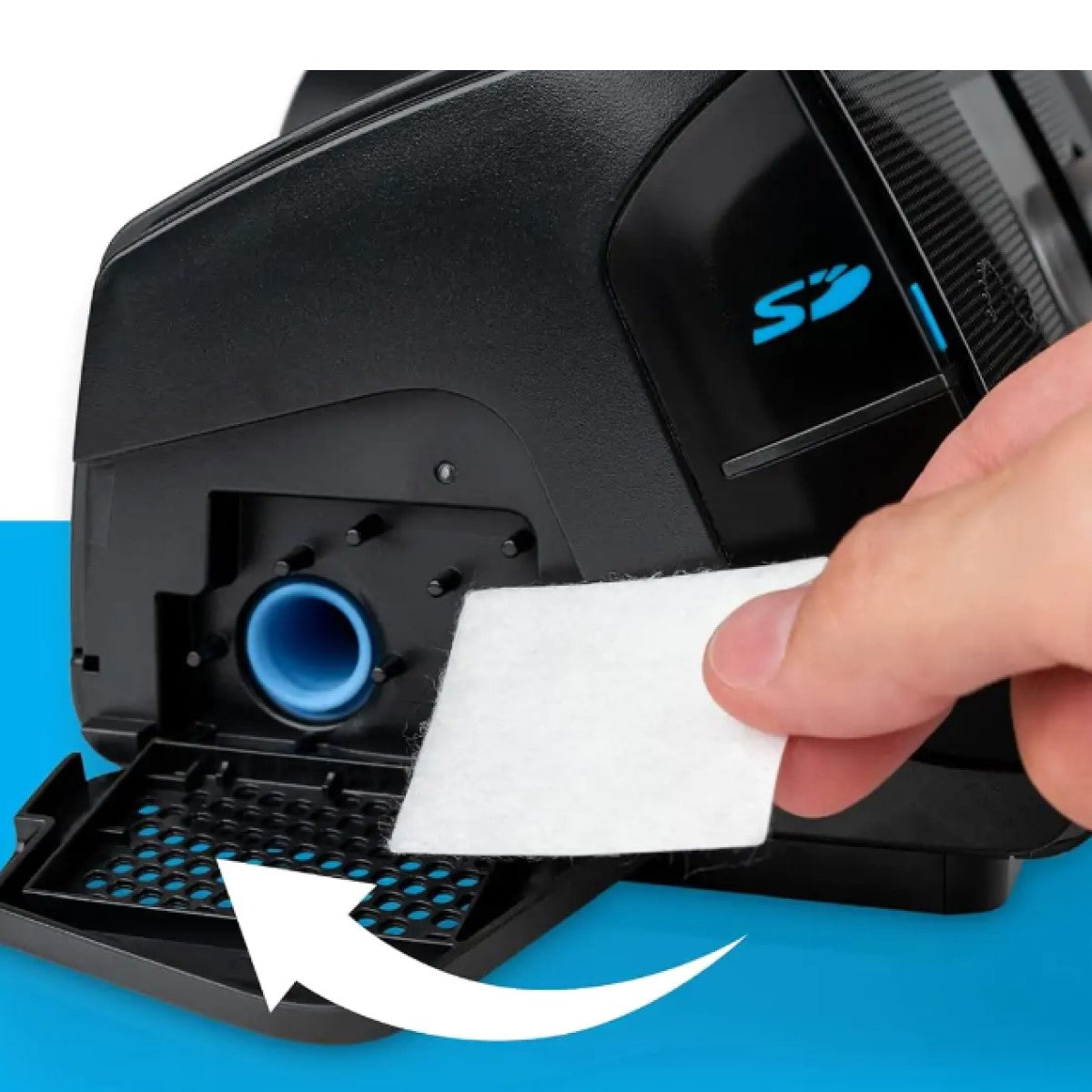 Stock photo of putting ResMed Hypo-Allergenic filters for AirSense CPAP or AirCurve VPAP into machine