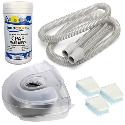 Stock photo of ResMed S8 CPAP bundle kit, including mask wipes, tubing, water chamber, and filters
