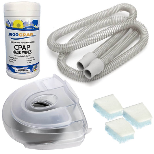 Stock photo of ResMed S8 CPAP bundle kit, including mask wipes, tubing, water chamber, and filters