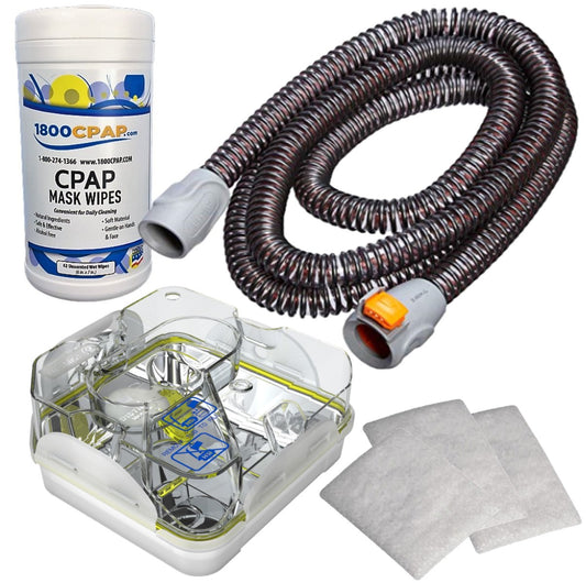 Stock photo of ResMed S9 Series Replacement CPAP supply kit, including tubing, water chamber, filters, and mask wipes