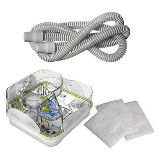 Stock photo of ResMed S9 Standard Resupply bundle kit, including tube, water chamber, and filters