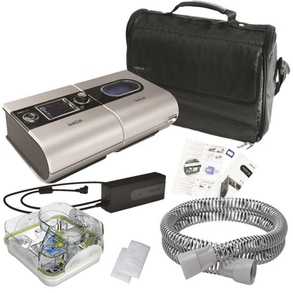 Stock photo of ResMed S9 VPAP Auto machine with h5i humidifier, ClimateLine tubing, machine bag, filters, and SD card