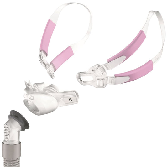 Stock photo of ResMed Swift FX Bella nasal pillow CPAP mask with headgear