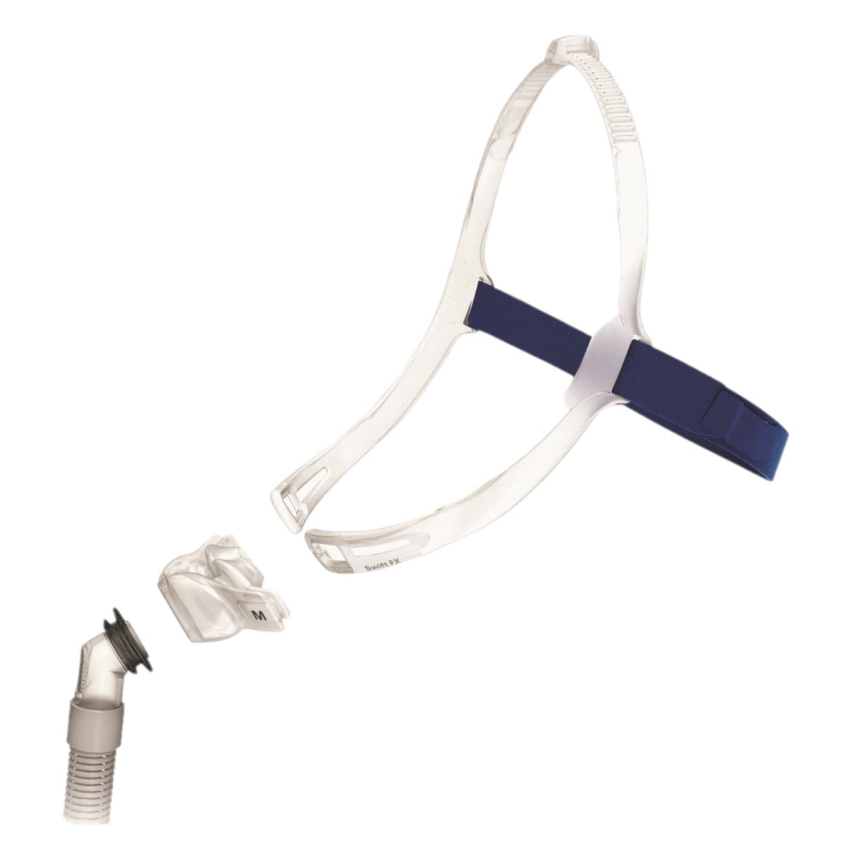 Stock photo of ResMed Swift FX nasal pillow CPAP mask with headgear