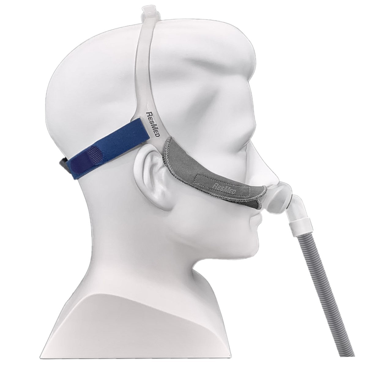 Side View of Mannequin Wearing ResMed Swift FX Mask W/ Headgear and Mask Short Tube