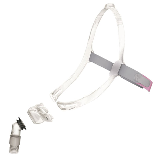 Stock photo of ResMed Swift FX for her nasal pillow CPAP mask with headgear