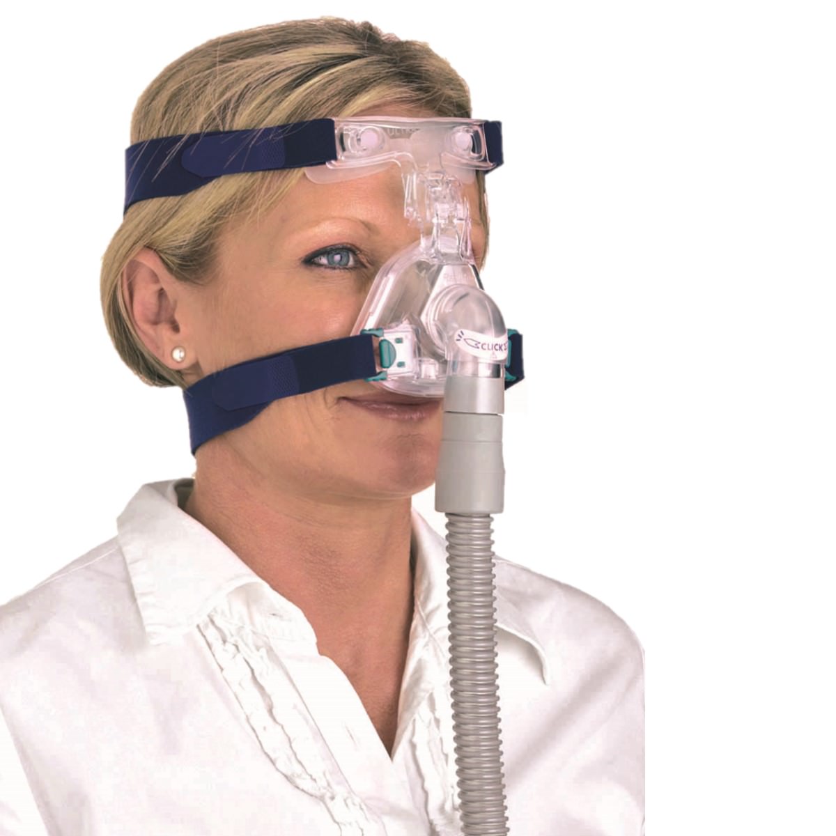 Stock photo of woman wearing a ResMed Ultra Mirage 2 nasal CPAP mask 